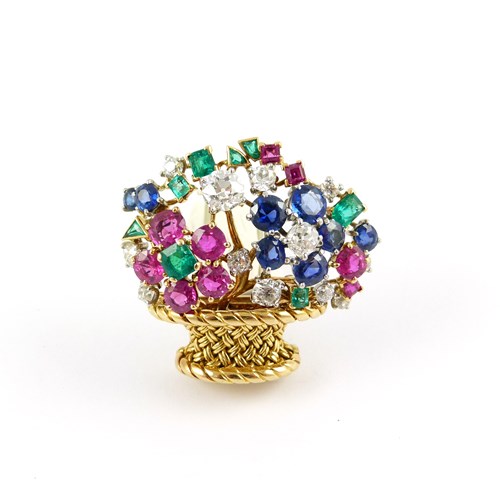 Ruby, emerald, sapphire and diamond basket of flowers brooch by Cartier, London,